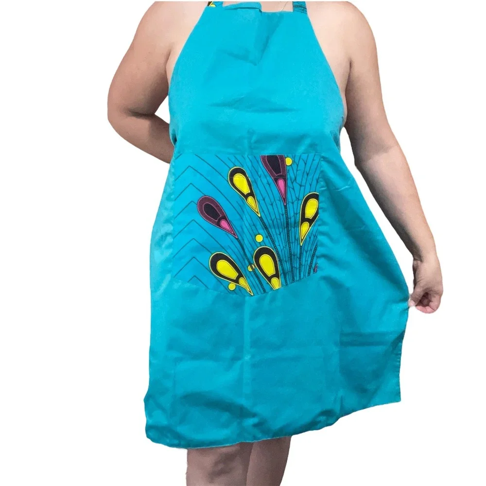 Handmade reversible African Wax Print Bib cook Apron Teal Floral Ankara‎ Pocket